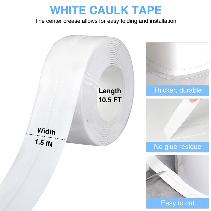 RHRVBSS Caulk Tape Bath & Kitchen Self Adhesive Caulking Tape Waterproof, Toilet Caulk Strip Bathtub Sealing Strip Shower Bathroom Tape Sealant, Traditional Caulking Replacement (White, 1.5" x10.5Ft) - Image 2